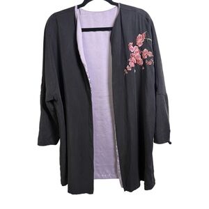 Black silk Kimono with Pink Floral Embroidery